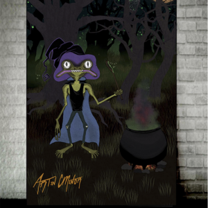 product image of a 9 x 12 inch art print. Feature a frog like character dressed as a witch.
