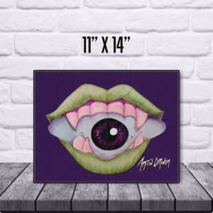 feature an image of mouth with an eyeball inside, on a purple back. image is an art print measuring 11 x 14inches