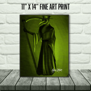 contains an image of an art print display features a plague doctor with a bright green background.
