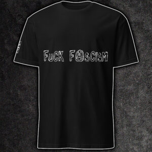 image feature a black t-shirt with word art against a dark gray background