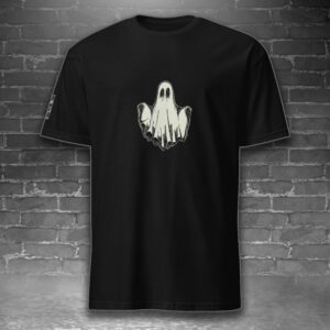 image feature a t-shirt with the image of a ghost, against a gray brick background