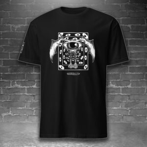 image feature a t-shirt with the image of a winged creature with a large eye, against a gray brick background